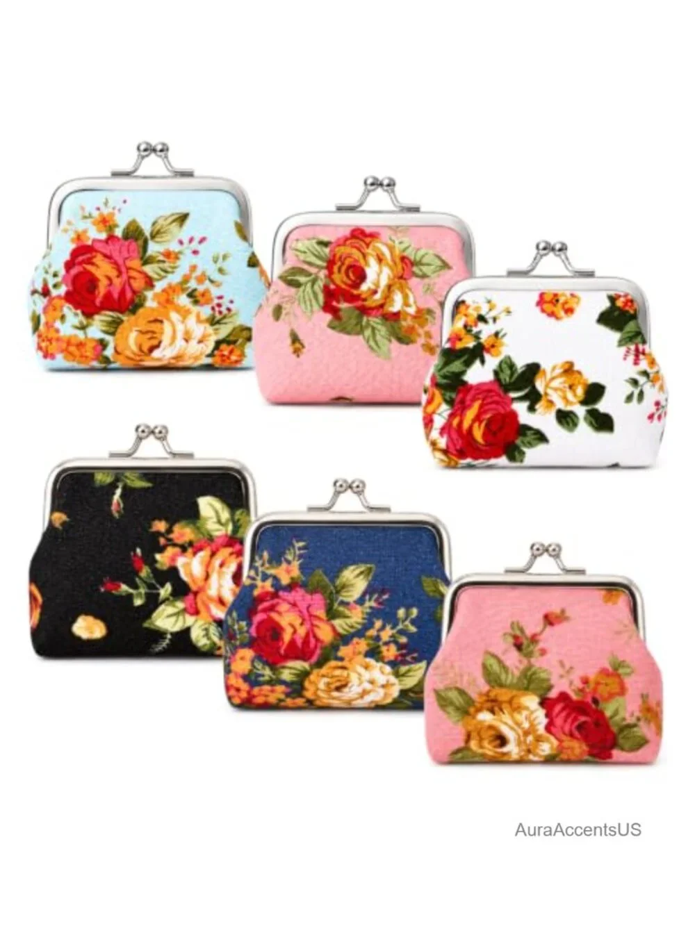 Vintage Kiss Lock Coin Purse Set of 6 Floral Small Change Wallet